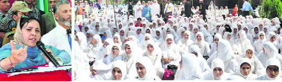 Minister for Social Welfare Sakina Itto addreses students at the the annual day celebration of the Government Girls Higher Secondary School, Kulgam on Saturday. PHOTO BY WRITER 