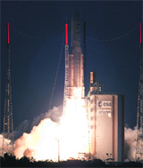 An Ariane 5 rocket, carrying satellites ASTRA 2F and GSAT-10, blasts off from the European space centre of Kourou, French Guiana.