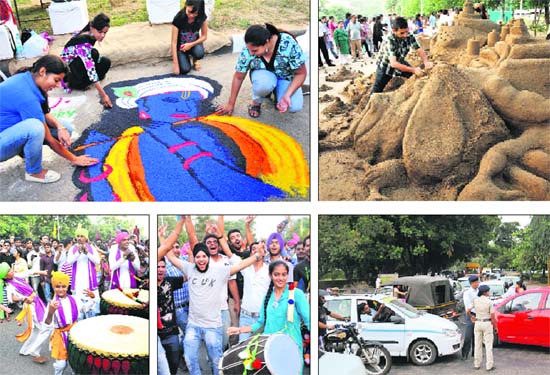 (Clockwise from left) Panjab University students make a rangoli; a student of Government College of Art, Sector 10, creates a sand sculpture; traffic chaos at the road separating Sectors 5 and 8 on the concluding day of the event; a girl plays a Punjabi dhol as boys dance near the lake; and folk artistes of Haryana perform during the festival