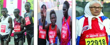 (Clockwise) Winners of the men's elite title Edwin Kipyego (M), Leonard Langat (L) and Silas Kipruto (R); female winners of the elite category Yimer Wude (M),  Waganesh Amare (L) and  Helah Kiprop of Kenya(R); 96-yr-old oldest runner Mann Kaur 