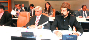 DGP Ashok Prasad talks to ADGP K Rajendra at the inauguration of 21st Police Public Mela in Srinagar on Sunday. 