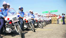 Police officials with the newly launched motorbike squad in Jammu on Sunday