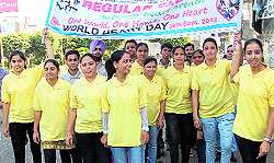 Students rally for the cause of heart wellness during World Heart Day in Jalandhar on Sunday