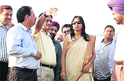 Office-bearers of the Punjab Effluent Treatment Plant Society For Tanneries show the toxic water treated at a CETP in Leather Complex to Special Secretary Bhawana Garg in Jalandhar