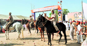 The mounted police deployed outside the venue of Mela Chappar on Sunday.
