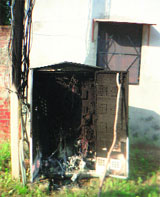 The box, in which 19 electricity meters were installed, after it caught fire at Bhaurla village on Sunday.