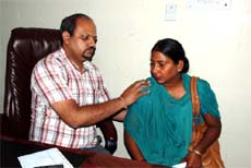 Orthopaedist Dr Ajay Gupta examines a patient during a special camp organised at the Non-Communicable Disease (NCD) centre at the Civil Hospital, Bathinda. 