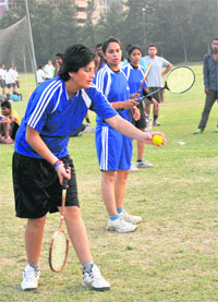 A player in action during a semifinal match of the North Zone Ball Badminton Tournament at Panjab University in Chandigarh on Monday.