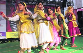 Girls of the Nritagana Institute of Perfoming Arts give a performance at a function held to mark Voluntary Blood Donation Day at IMA Blood Bank in Dehradun on Monday