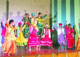 Students perform bhangra during founders day celebrations at Mussoorie Public School on Monday