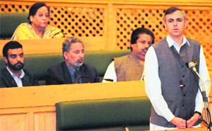Chief Minister Omar Abdullah speaks on the first day of the Assembly session in Srinagar on Monday. 