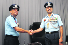 Air Commodore Prashant Eknath Patange (right) takes over the charge of Jammu Air Force Station from Air Commodore Nitin Sathe on Monday. 