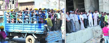 Labourers transported by a truck putting their lives to risk in Ludhiana; and (right) workers protest at the construction site on Monday