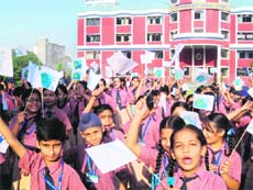 Students of Ryan International School celebrate Gandhi Jayanti in Amritsar on Tuesday. 