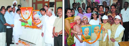 (Left) Congress workers offer floral tributes to Mahatma Gandhi and Lal Bahadur Shastri at the district Congress office on Tuesday; Tributes were paid to the two stalwarts at Lala Sant Ram Memorial Library. 