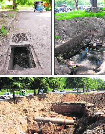 An uncovered road gully at Sector 17, Chandigarh; (right) a damaged road gully at Sector 23; and (below) a damaged sewer line which has not been repaired for the past one month. 