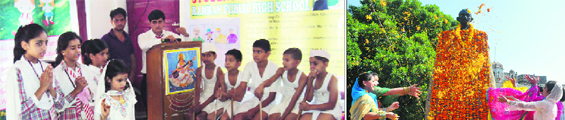 Students sing on Gandhi Jayanti at Ramban Public High School in Ramban. Students pay tribute to Mahatma Gandhi at Mubarak Mandi in Jammu.