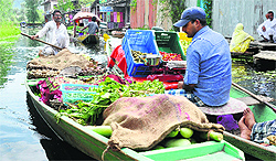 A vegetable seller steers his boat on the Dal Lake in Srinagar