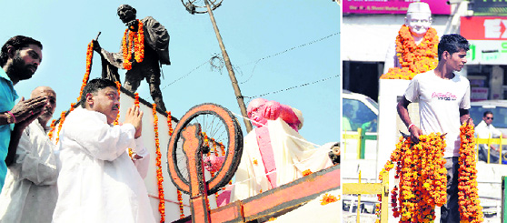 Local residents offer garlands at the statue of Father of Nation on the occasion of Gandhi Jayanti; and (right) a garland seller near the statue of Lal Bahadur Shastri in Jalandhar.