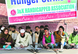 Members of the J&K Handicapped Association during their hunger strike in Srinagar. 