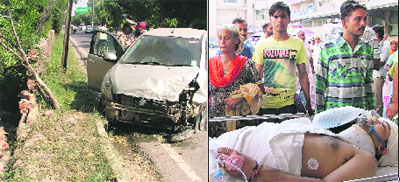 The car that hit the motorcycle; and (right) Lekh Raj, one of the accident victims, is being taken to a hospital in Ludhiana on Tuesday.