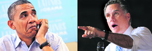 US President Barack Obama at a campaign office in Nevada; and (right) Republican presidential candidate Mitt Romney speaks at a campaign rally in Denver.