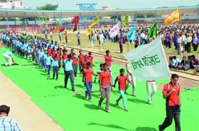 The participating teams at the march-past during the inaugural ceremony of the district-level sports tournament that began at the sports stadium in Bathinda on Wednesday