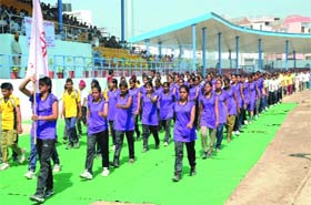The participating teams at the march-past during the inaugural ceremony of the district-level sports tournament that began at the sports stadium in Bathinda on Wednesday