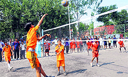 Vollyball players in action during an inter-school tournament at the LIC ground in Sector 7, Chandigarh, on Wednesday