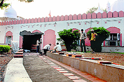 The work of constructing a ramp in progress at the Mansa Devi temple in Panchkula