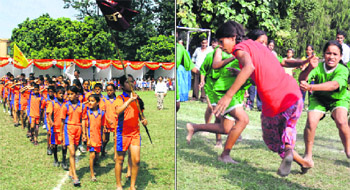 Students participate in the march past during the inaugural ceremony of the three-day Uttarakhand State-level Schools First Mini Sports Competition at MKP Inter-College in Dehradun on Wednesday; and (right) girls in action during a kabbadi match. 
