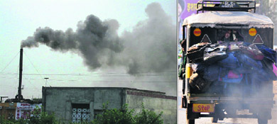 Smoke billowing out of a chimney of an industrial unit; and (right) an auto-rickshaw adds to the pollution level in Ludhiana.