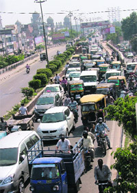 Vehicles stuck in a traffic jam on the Jagraon bridge in Ludhiana on Wednesday. 