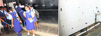 Rush of students at a water facility at Government Middle School, Sector 52; and (right) only one urinal at the boys toilet in Chandigarh.