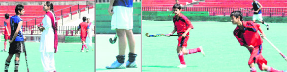 (From left) An umpire dressed in suit interacts with a player; (right) players without proper hockey gear during a hockey match at the Hockey Stadium of Sports Complex, Sector 42, in Chandigarh on Thursday.