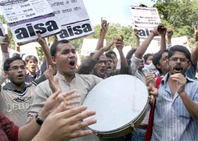 UP IN ARMS: Activists of AISA protest outside HRD Minister Kapil Sibals office, Shastri Bhawan, against the fee hike at Jamia in New Delhi on Thursday