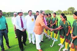 Haryana Vidhan Sabha Speaker Kuldeep Sharma meets the members of the Haryana hockey team at MNSS, Rai.