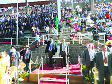 Punjab Deputy Chief Minister Sukhbir Singh Badal takes the salute during the school parade at Lawrence School in Sanawar on Thursday.