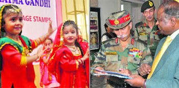 Students present a dance, and (right) Lt Gen KT Parnaik, General Officer Commanding-in-Chief, Northern Command, along with John Samul, chief post master general, J&K Circle, during an exhibition at Kala Kendara in Jammu on Thursday.