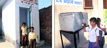 A toilet in a bad shape in Purian Mohalla; and (right) Students drink water from an unhygienic tank