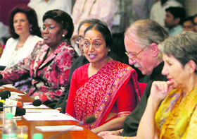 Lok Sabha Speaker Meira Kumar, with other Speakers, addresses a press conference in New Delhi.