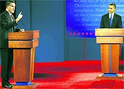 Republican candidate Mitt Romney (L) and Democratic candidate, US President Barack Obama during the presidential debate in Denver, Colorado