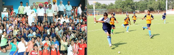 (Left) The winners exult at an awards ceremony held at the St. Xaviers School; The final of the hockey match in the U-14 category for boys being played at Rajindra College. 