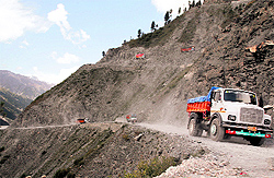 Trucks carry supplies to Ladakh in Sonamarg, about 95Km northeast of Srinagar
