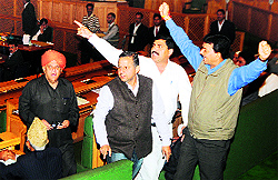 Jammu-based MLAs stage a walkout from the Assembly in Srinagar on Friday