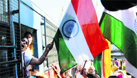 Members of the PoK Refugee Front court arrest in Jammu on Friday.