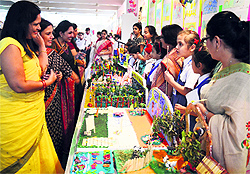 Studets showcase their creative skills during an exhibition at Kundan Vidya Mandir in Ludhiana on Friday