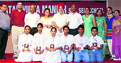 Winners of a declamation contest strike a pose in Ludhiana on Friday
