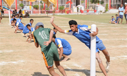 A kho-kho match in progress between the Doon Senior Secondary School, Kararwala and DAV School, Bathinda, at the Lord Rama Public School on Saturday. 