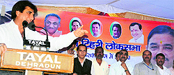 Film actor and Congress MP Raj Babbar during an election meeting in Dehradun on Saturday